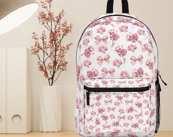 Floral Backpack, Coquette Pink Rose Bow Backpack, School backpack, Work bag, Nurse bag, Travel bag, Carry on bag, bag for Social Worker