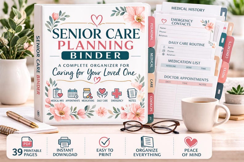 May include: A white Senior Care Planning Binder with floral accents and the text "Senior Care Planning Binder". The binder includes sections for medical information, appointments, medications, and daily care. A complete organizer for caring for your loved one.