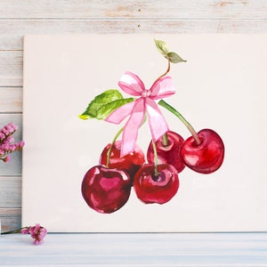 Coquette Cherry Canvas Wrap, Coquette Aesthetic wall art, Cherry Pink Bow print, Children&#39;s wall art, Coquette home decor, trendy wall art