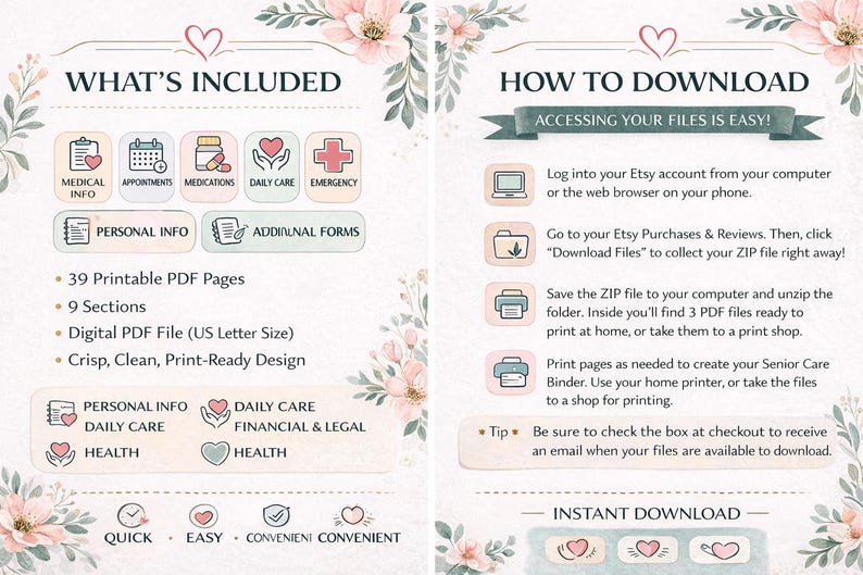 May include: A digital download graphic with the title "What's Included" and "How to Download". The graphic includes icons for medical info, appointments, medications, daily care, and emergency. It also includes instructions for downloading the files.