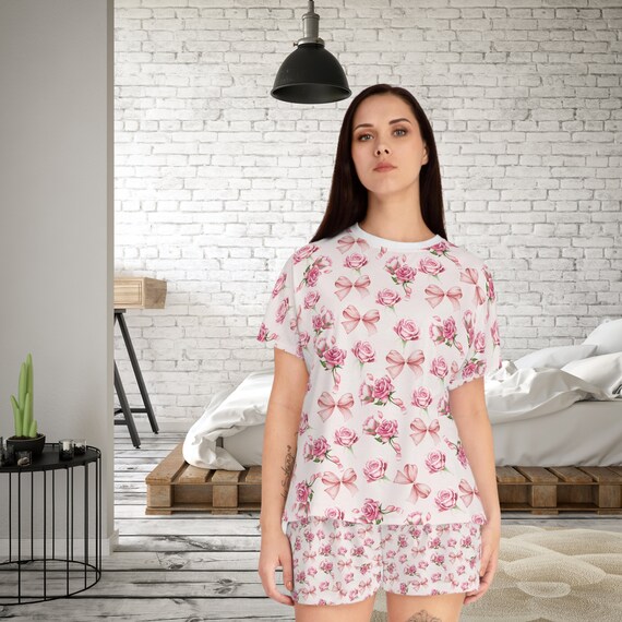 Coquette Rose Garden Women s Short Pajama Set Trendy Pajama Set Pink Bow Pj s Women s Lounge Wear Coquette Clothing Aesthetic Etsy Canada