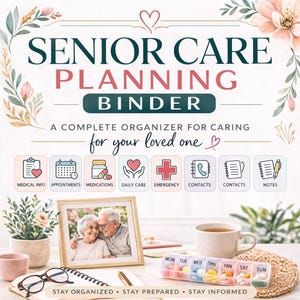 Könnte beinhalten: Ein Senior Care Planning Binder mit dem Text "Senior Care Planning Binder" in Grün und Rosa. Der Ordner enthält Symbole für medizinische Informationen, Termine, Medikamente, tägliche Pflege, Notfälle, Kontakte und Notizen. Ein Foto eines älteren Ehepaares ist in einem Rahmen.