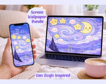 Kawaii Starry Night Wallpaper Set | Van Gogh Inspired Phone Laptop Wallpapers | Cute Aesthetic Moon & Stars Background | Digital Download