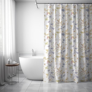 Floral Shower Curtain, Botanical Bathroom Decor, Nature Inspired Home Accessories, Pink Blue Green Flower Bath Curtain, Wildflower Print