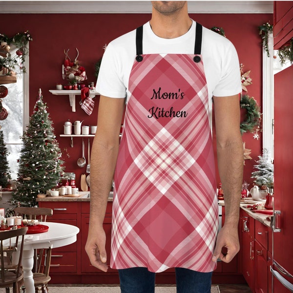 Tablier à carreaux Red Gingham personnalisé, tablier à carreaux rouge, tablier de cuisine, tablier de Noël, tablier de vacances pour elle, cadeau de Noël pour lui