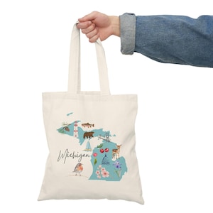 Michigan Tote Bag, Michigan Themed Cotton Tote Bag Cherry Blossoms, Wildlife, Lighthouse, Gift for Michigan lover, Travel tote, reusable bag