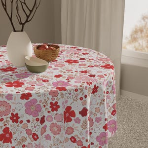 Floral Tablecloth, Pink Red White Flowers, Spring Summer Kitchen Decor, Dining Room Linens, Home Garden Party Decor, Farmhouse Table Cover