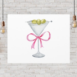 Olive Martini Canvas Wrap, Kokette ästhetische Wandkunst, rosa Schleife, Trinkwagen Druck, trendiger Wanddruck, niedliche Wandkunst, Kokette Wohnkultur