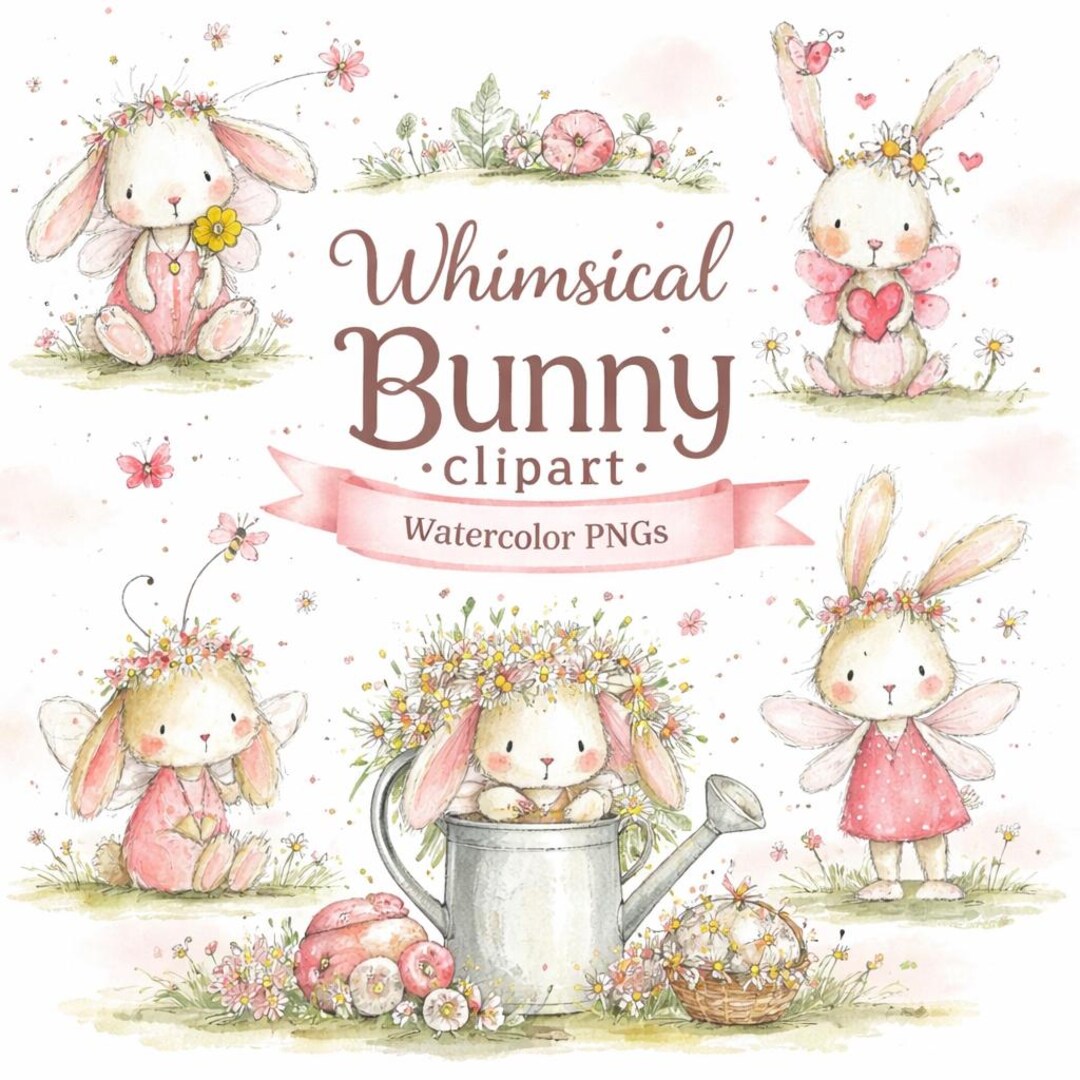 Whimsical Bunny Clipart Bundle | 30 Watercolor Pngs | Cottagecore Bunny ...
