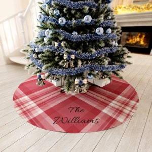 Personalized Plaid Gingham Round Christmas Tree Skirt, Holiday Tree decor, Customized tree skirt