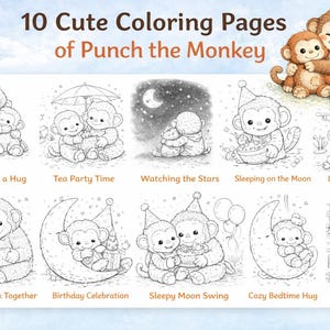 Op de afbeelding: Een verzameling van tien kleurplaten met schattige cartoonapen. Elke pagina toont een andere scène, waaronder knuffelen, theeparties en maanverlichte momenten. De titel luidt "10 Cute Coloring Pages of Punch the Monkey."