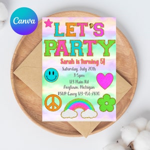 May include: A colourful invitation with a rainbow, peace sign, smiley face, and flower. The text reads "Let's Party" with a gold glitter effect. The invitation is for a birthday party for Sarah, who is turning 5. The party is on Saturday, July 20th from 3-5pm at 123 Main Rd in Anytown, Michigan. RSVP to Casey at 123-456-7890.