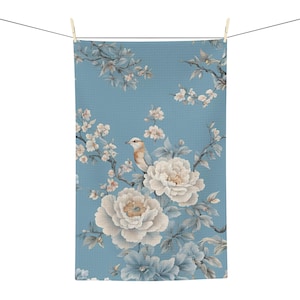 Microfiber Tea Towel, Light Blue Chinoiserie Kitchen Towel, Floral Dish Towel, Asian Inspired Hand Towel, Decorative Tea Towel, Hostess Gift