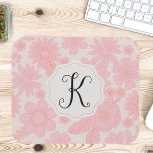 Personalized Pink Floral Monogram Mouse Pad, Rectangle Desk Mat, Office Accessories, Custom Floral Pattern Mousepad, Gift for Her, Office