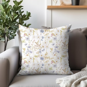 Botanical Wildflower Square Pillow, Floral Spring Cushion, Green Pink Blue White Flowers Decorative Pillow, Nature Botanical Home Accent