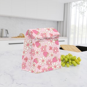Strawberry Print Lunch Bag, Cute Pink Retro Strawberry Floral Print Insulated Lunch Tote, Reusable Lunchbox, Lunch Cooler, Food Storage Bag