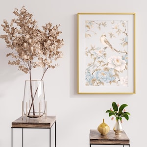 Pale Blue Chinoiserie Digital Wall Art | Printable Nursery Decor | Elegant Floral and Bird Print for Living Room, Bedroom, Instant Download