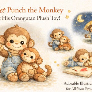 May include: Watercolor illustrations featuring a cartoon monkey and an orangutan plush toy. The monkey wears blue overalls. The image includes text that reads "Meet Punch the Monkey & His Orangutan Plush Toy!" and "Adorable Illustrations for All Your Projects!"