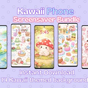 Könnte beinhalten: Fünf Smartphones mit farbenfrohen, Kawaii-Themen-Bildschirmschonern. Jeder Bildschirm zeigt ein anderes Design, darunter ein Frosch auf einem Seerosenblatt, eine Pilzfigur und ein Hase. Der Text "Kawaii Phone Screensaver Bundle" und "Instant Download" ist ebenfalls sichtbar.