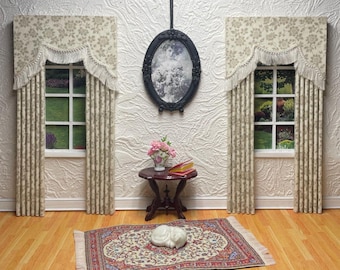 Floral Design with Fringe Dollhouse Curtains