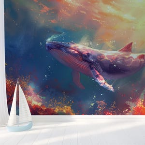 Whale Under the Sea Mural | Kids Room Wallpaper | Peel and Stick | Underwater Mural | Eco-Friendly | Children’s Room Decor