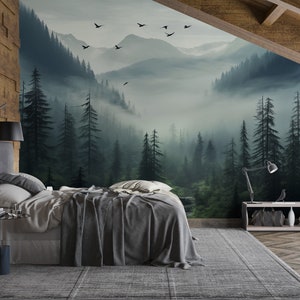 Foggy Forest Mural | Landscape Wallpaper | Watercolor Tree Decal | Peel & Stick Wall Mural | Renter Friendly | Pine Tree