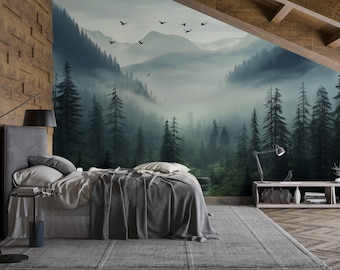 Foggy Forest Mural | Landscape Wallpaper | Watercolor Tree Decal | Peel & Stick Wall Mural | Renter Friendly | Pine Tree