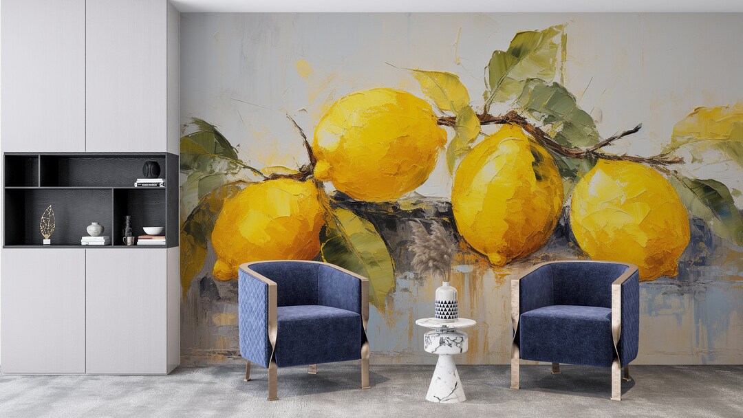 Lemon Fruit Kitchen Wallpaper Citrus Tree Mural Yellow Etsy