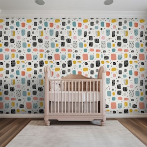 Carta da parati con forme astratte / Arte murale geometrica colorata / Carta da parati rimovibile staccabile e attaccabile per l'arredamento della cameretta dei bambini / Design giocoso