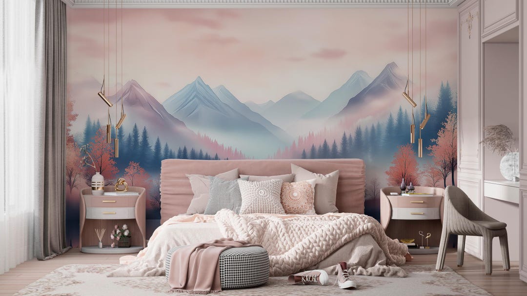 Misty Mountain Wallpaper | Watercolor Forest Mural | Nature Wall Art ...