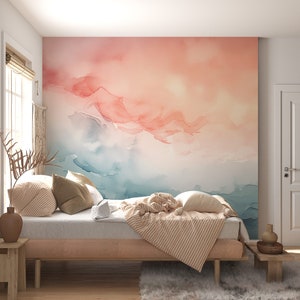 Watercolor Blue and Pink Abstract Mural | Self Adhesive Wall Mural | Pink Bedroom Wallpaper | Abstract Pastel Wallpaper
