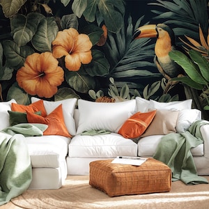 Tropical Bird Wall Mural | Jungle Foliage Wallpaper | Dark Exotic Floral Peel and Stick | Renter Friendly | PVC Free | Boutique Decor