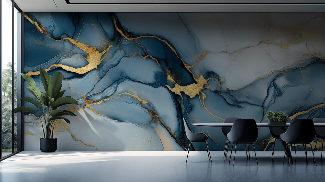 Deep Blue & Gold Marble Mural | Luxury Abstract Fluid Art Wallpaper ...