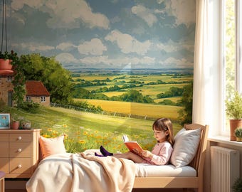 May include: A girl sits on a bed in front of a mural depicting a countryside landscape with a farmhouse and rolling hills. The mural is painted in shades of green, yellow, and blue. The girl is reading a book and wearing a pink shirt.