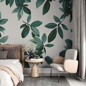 Green Leaf Wallpaper | Botanical Mural, Nature Wallpaper | Eco & Renter Friendly Self Adhesive Mural | Custom Wall Decor | Eucalyptus Decal