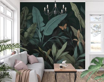 May include: A dark green tropical leaf wallpaper with a large, light green leaf in the center. The wallpaper features a butterfly in the upper right corner.