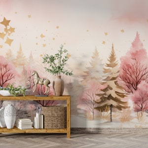 Magic Forest Wallpaper, Pink Gold Tree Mural, Christmas Illustration Mural, Colorful Winter Fairy Tale Wallpaper, Watercolor Peel & Stick