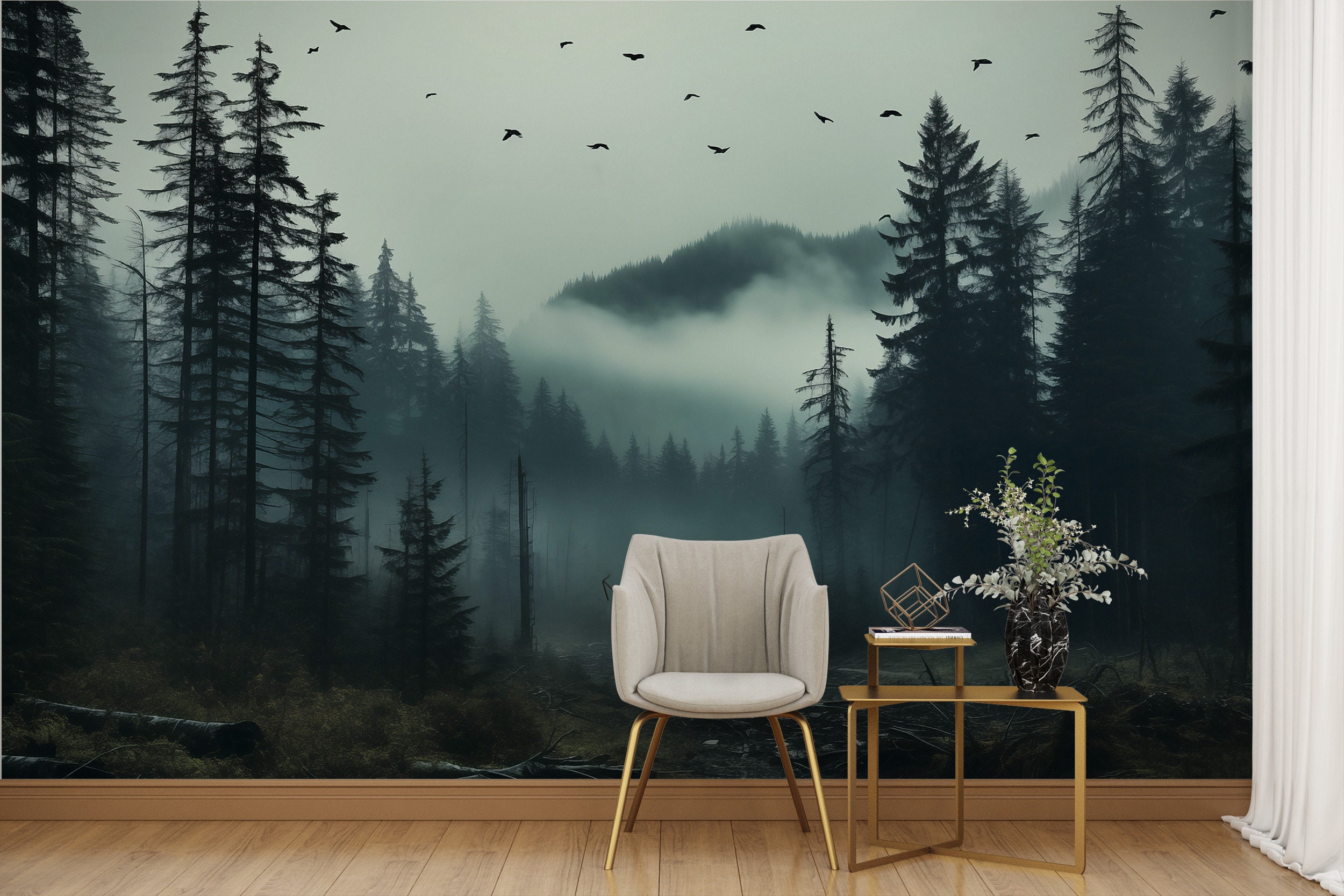Misty Forest Mural Landscape Wall Mural Nature Wallpaper Peel & Stick ...