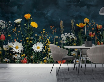 Dark English Wildflower Mural | Dark Botanical Wallpaper | Floral Removable Mural | Peel & Stick Wall Decor