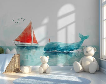 Carta da parati murale con balene e barche a vela / Carta da parati nautica per bambini / Decorazione oceanica staccabile e adesiva / Decorazione per bambini rimovibile / Carta da parati con vita marina