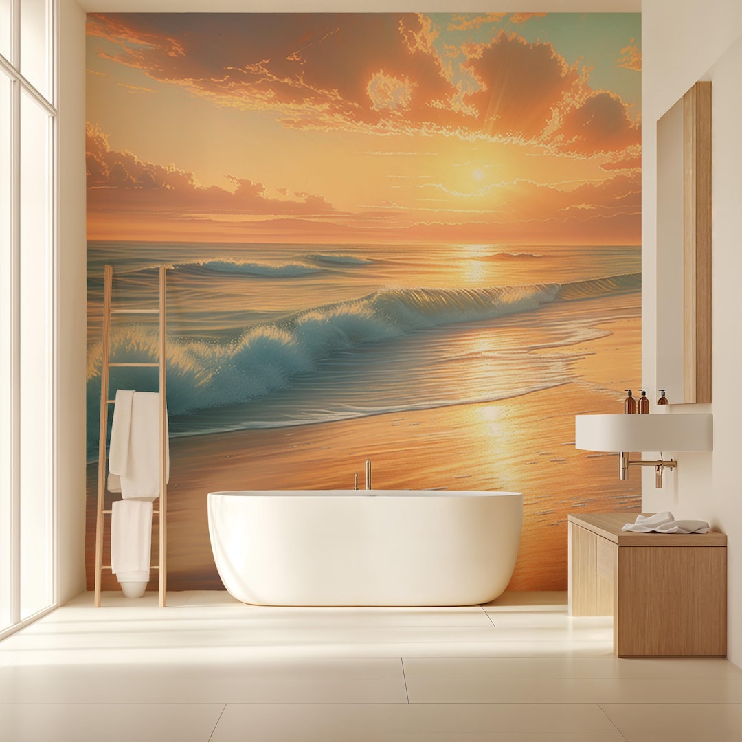 Tropical Island Mural, Sea Wave Bathroom Wallpaper, Stormy Ocean Peel ...