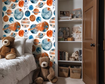 Weltall Tapete | Astronaut Wandtattoo | Planeten Tapete schälen und aufkleben | Kinderzimmer Wand Dekor | Kinderzimmer Wand | Baby Boy PVC-freier Aufkleber