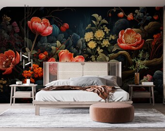 Dark Botanical Wallpaper, Floral Mural, Midnight Flower Garden, Dark Wildflower Decal, Poppy Peel & Stick, Custom Size Self Adhesive Mural