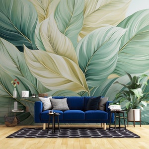 Green Monstera Leaf Wallpaper, Tropical Mural, Botanical Floral Peel & Stick Art, Watercolour Tree Pattern, Jungle Wallpaper, Custom Size