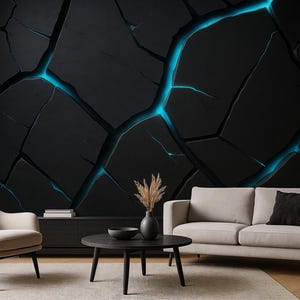 Carta da parati Cyber Crackle per sale giochi / Carta da parati adesiva nera e blu neon / Decorazione per camera da letto tecnologica per adolescenti