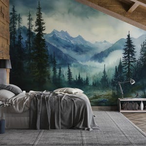 Watercolour Forest Wallpaper | Misty Pine Tree Mural | Foggy Mountain Landscape Wall Art | Peel & Stick Nature-Inspired Design