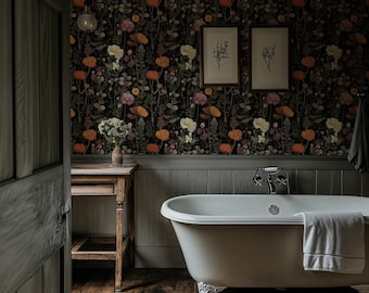 Dark Floral Wallpaper - Peel and Stick | Moody Botanical Wallpaper Pattern | Removable Wall Covering for Accent Walls