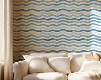 Ocean Waves Wallpaper - Peel and Stick | Coastal Watercolor Wallpaper for Bathroom