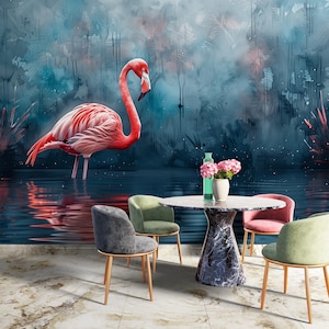 Roze flamingo-muurschildering | Zelfklevende jungle-muurschildering | Schil en plak | Flamingobehang | Tropisch blauw en roze behang | Dierenprint