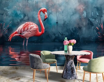 Pink Flamingo Mural | Self Adhesive Jungle Mural | Peel And Stick | Flamingo Wallpaper | Tropical Blue and Pink Wallpaper | Animal Print
